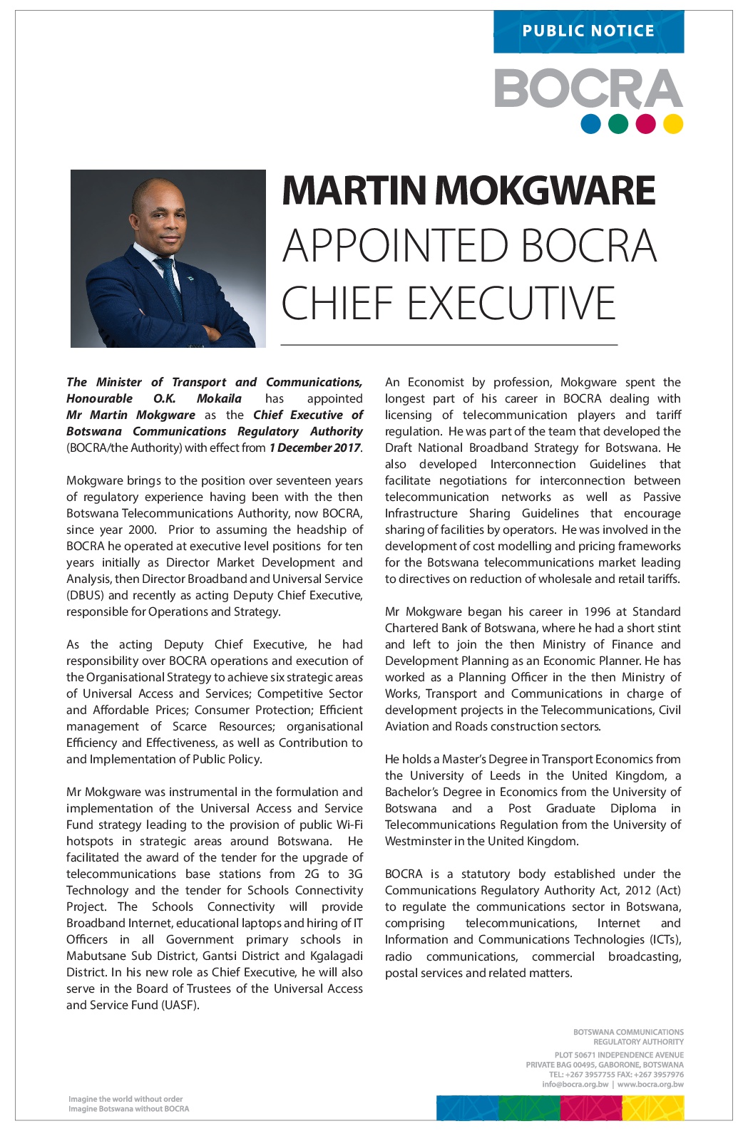 Public Notice Mr Martin Mokgware Appointed BOCRA Chief Executive